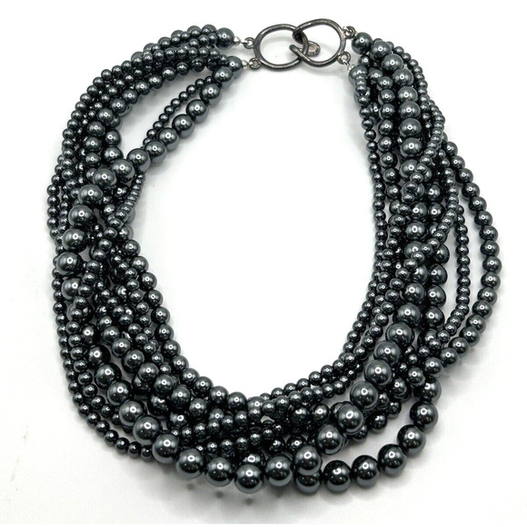 Talbots Gunmetal Silver Gray Faux Pearl Multi Strand Chunky Necklace & Bracelet - Picture 3 of 8